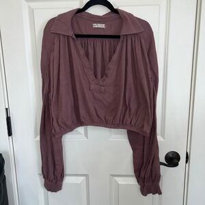 Free People Darren Billowy Oversized Cropped Collared Linen Blend Henley Large